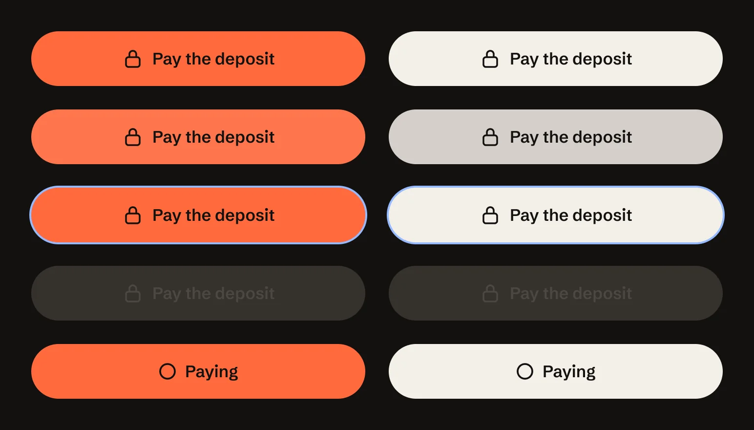 The orange main button and the cream second button, each shown default, pressed, with focus, disabled and loading.
