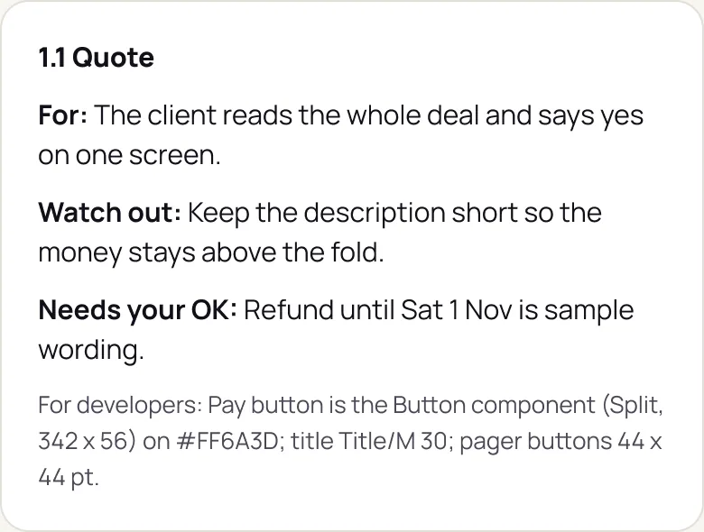 The note under the quote screen: who it is for, what to watch out for, 'Needs your OK: refund until Sat 1 Nov is sample wording', and a line for developers.