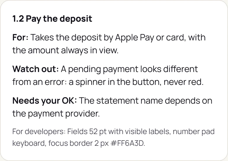 The note under the payment screen: for, takes the deposit by Apple Pay or card with the amount always in view; watch out, a pending payment looks different from an error; needs your OK, the statement name depends on the payment provider; and a line for developers.