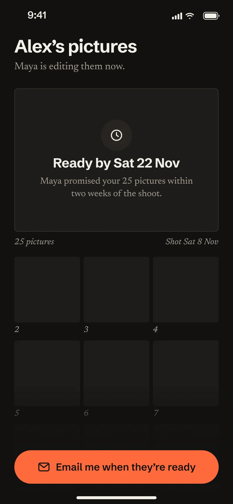Pictures not ready yet: the gallery shows empty tiles and 'Ready by Sat 22 Nov', with a button to be emailed when they are ready.
